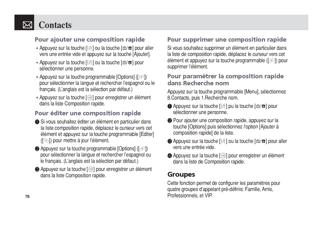 Pantech 5U010344000REV00 manual Groupes, Pour ajouter une composition rapide, Pour éditer une composition rapide 