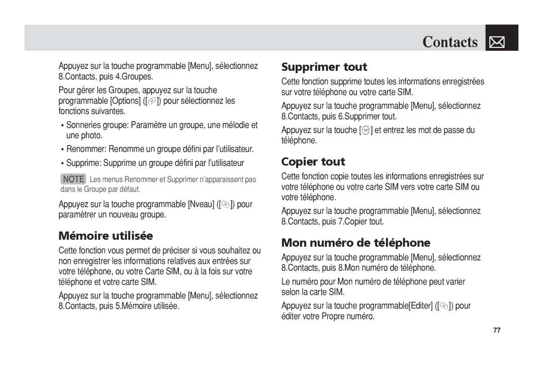 Pantech 5U010344000REV00 manual Mémoire utilisée, Supprimer tout, Copier tout, Mon numéro de téléphone 