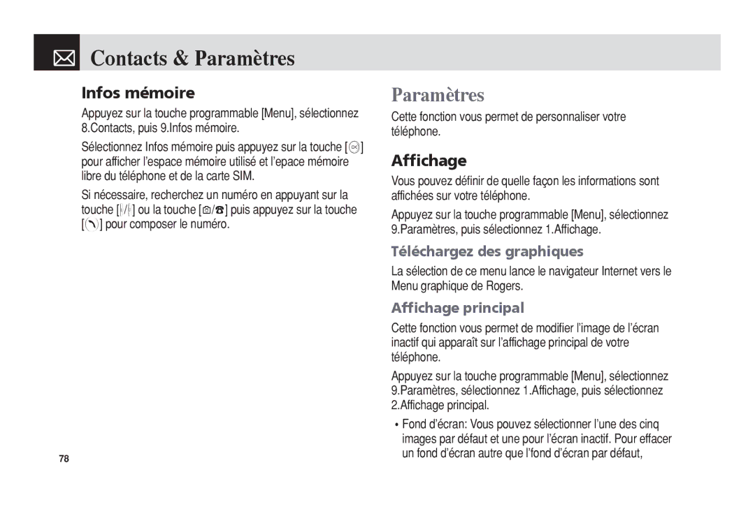 Pantech 5U010344000REV00 manual Contacts & Paramètres, Téléchargez des graphiques, Affichage principal 