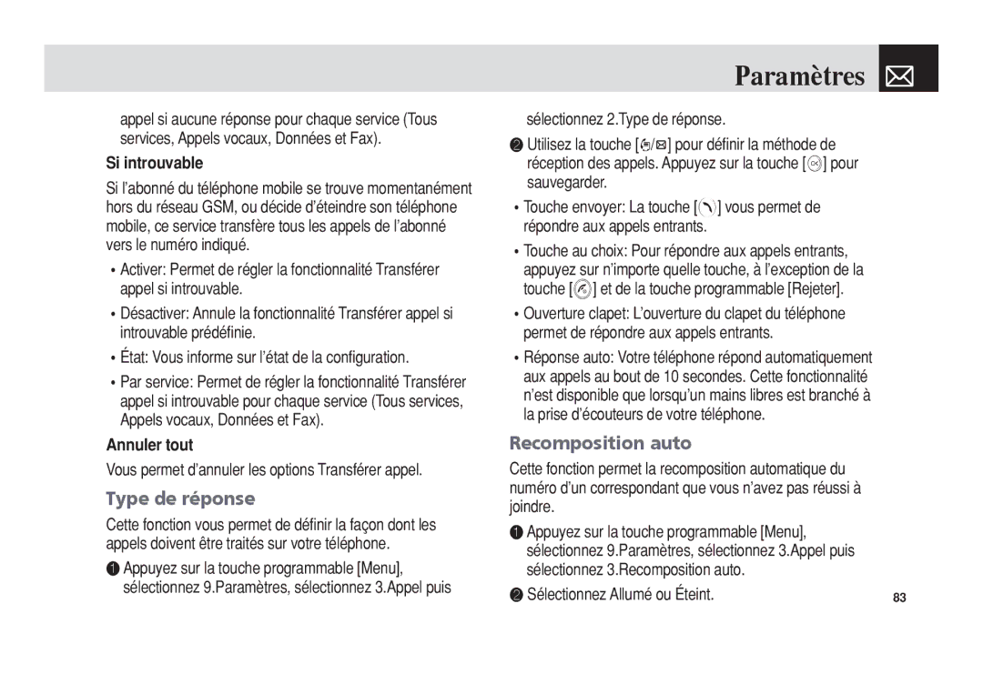 Pantech 5U010344000REV00 manual Type de réponse, Recomposition auto, Si introuvable, Annuler tout 