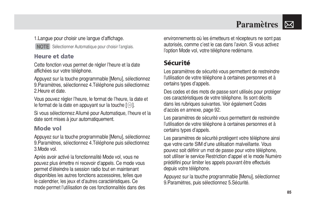 Pantech 5U010344000REV00 manual Sécurité, Heure et date, Mode vol, Langue pour choisir une langue d’affichage 