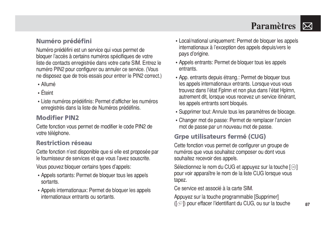 Pantech 5U010344000REV00 manual Numéro prédéfini, Modifier PIN2, Restriction réseau, Grpe utilisateurs fermé CUG 