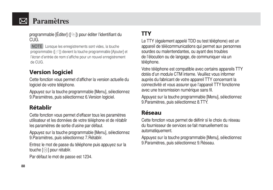 Pantech 5U010344000REV00 manual Version logiciel, Rétablir, Réseau, Programmable Éditer pour éditer l’identifiant du CUG 