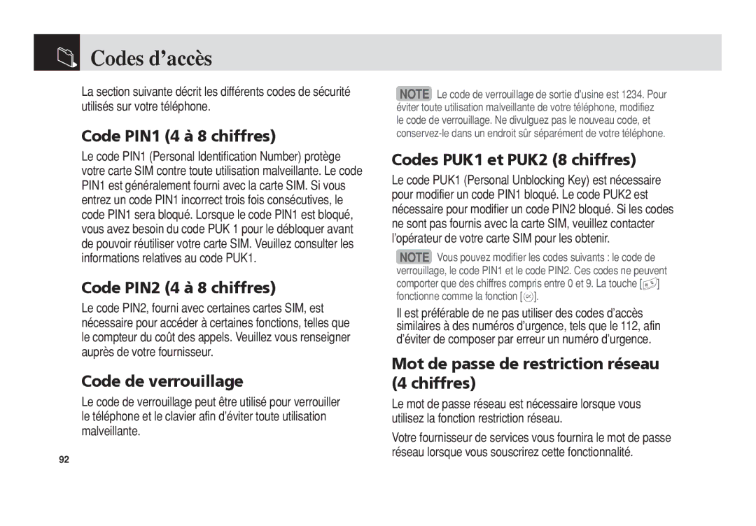 Pantech 5U010344000REV00 manual Codes dʼaccès 