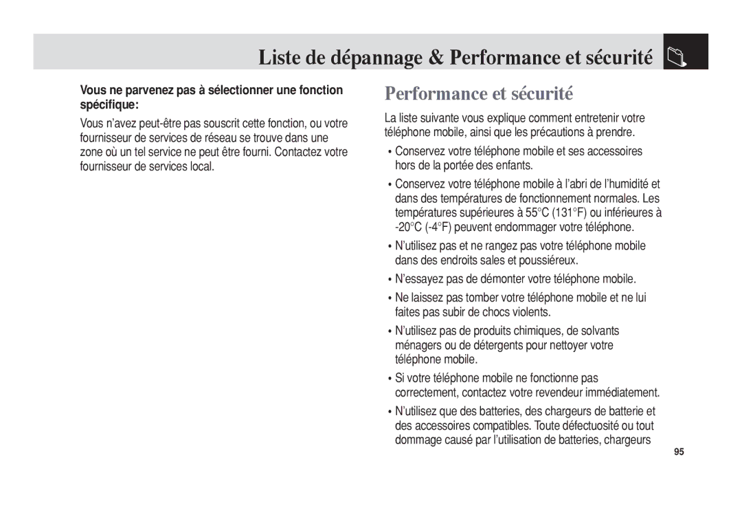 Pantech 5U010344000REV00 manual Performance et sécurité, Vous ne parvenez pas à sélectionner une fonction spécifique 