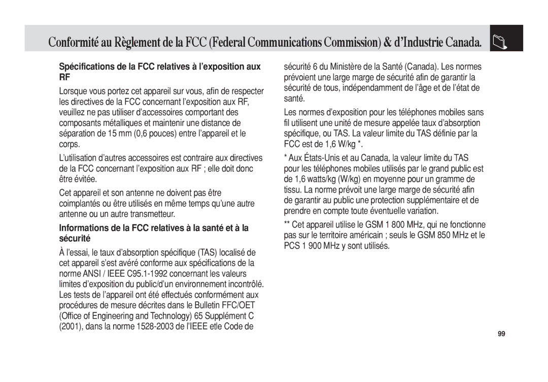 Pantech 5U010344000REV00 manual Informations de la FCC relatives à la santé et à la sécurité 