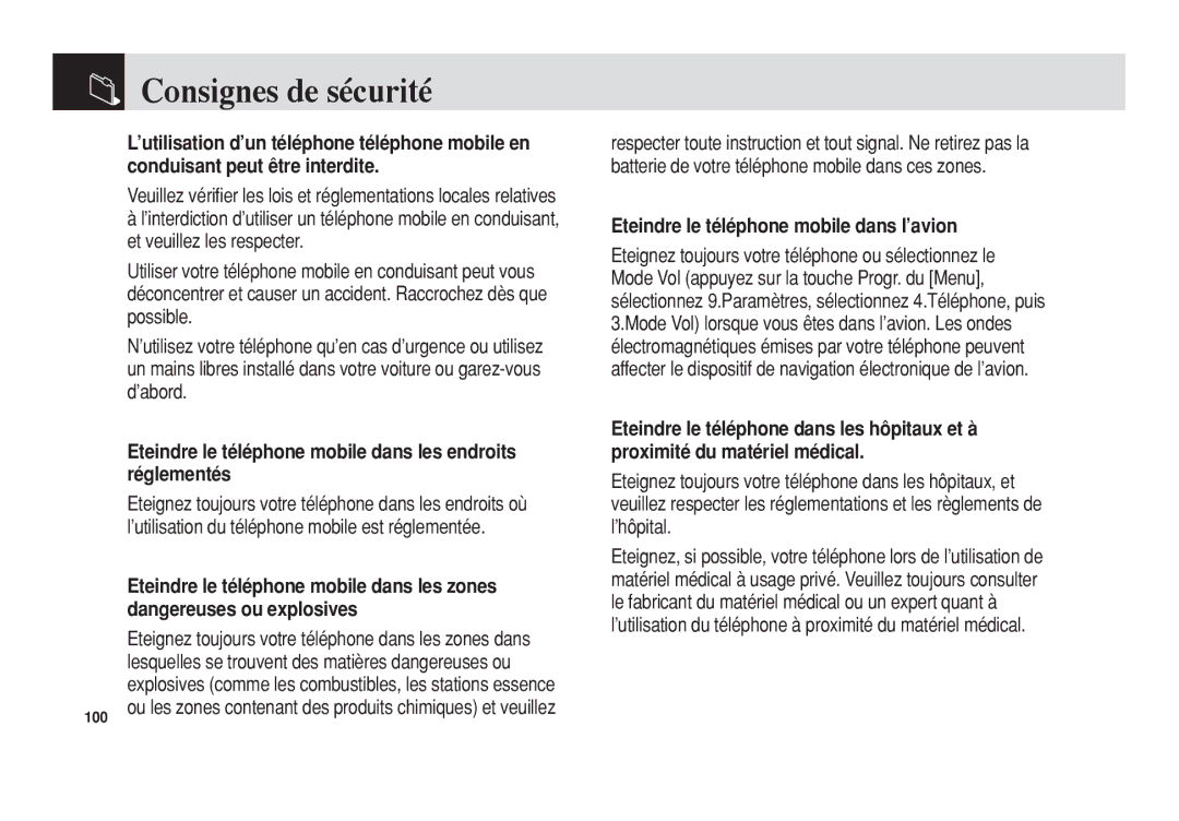 Pantech 5U010344000REV00 manual Consignes de sécurité, Eteindre le téléphone mobile dans les endroits réglementés 