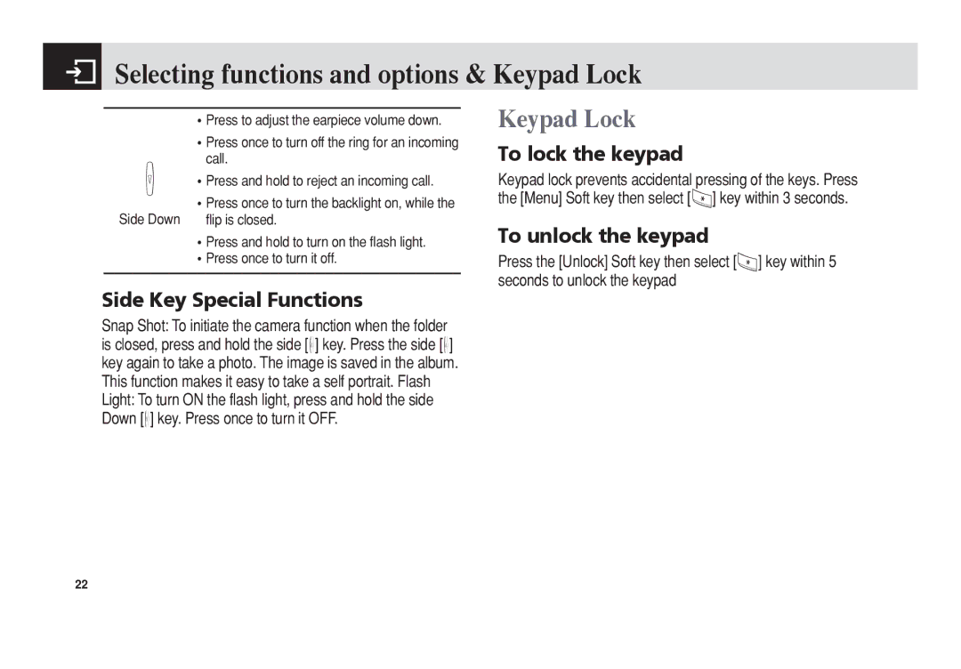 Pantech 5U010344000REV00 Selecting functions and options & Keypad Lock, Side Key Special Functions, To lock the keypad 