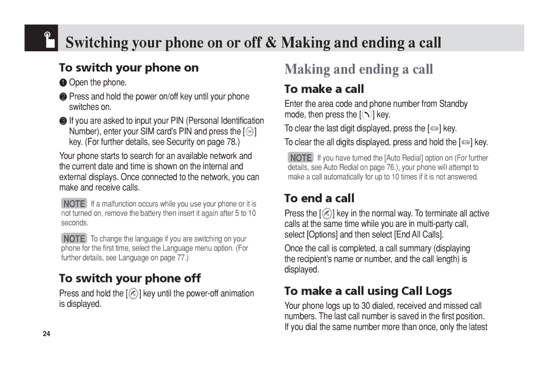 Pantech 5U010344000REV00 manual Switching your phone on or off & Making and ending a call 