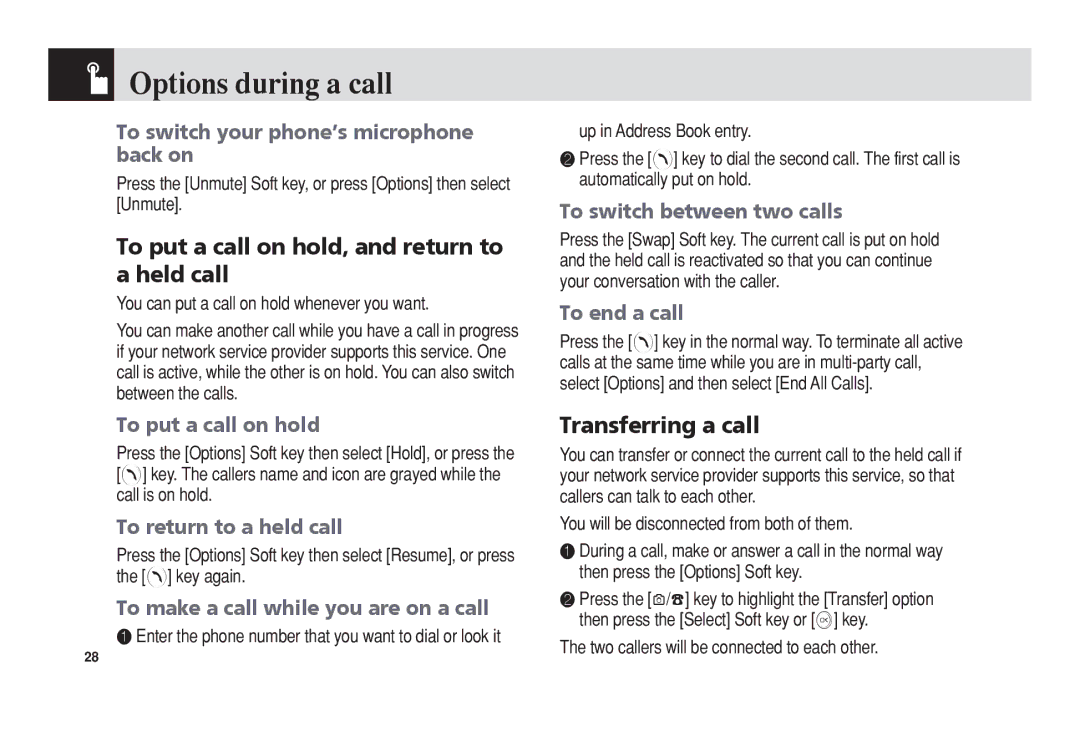 Pantech 5U010344000REV00 Options during a call, To put a call on hold, and return to a held call, Transferring a call 