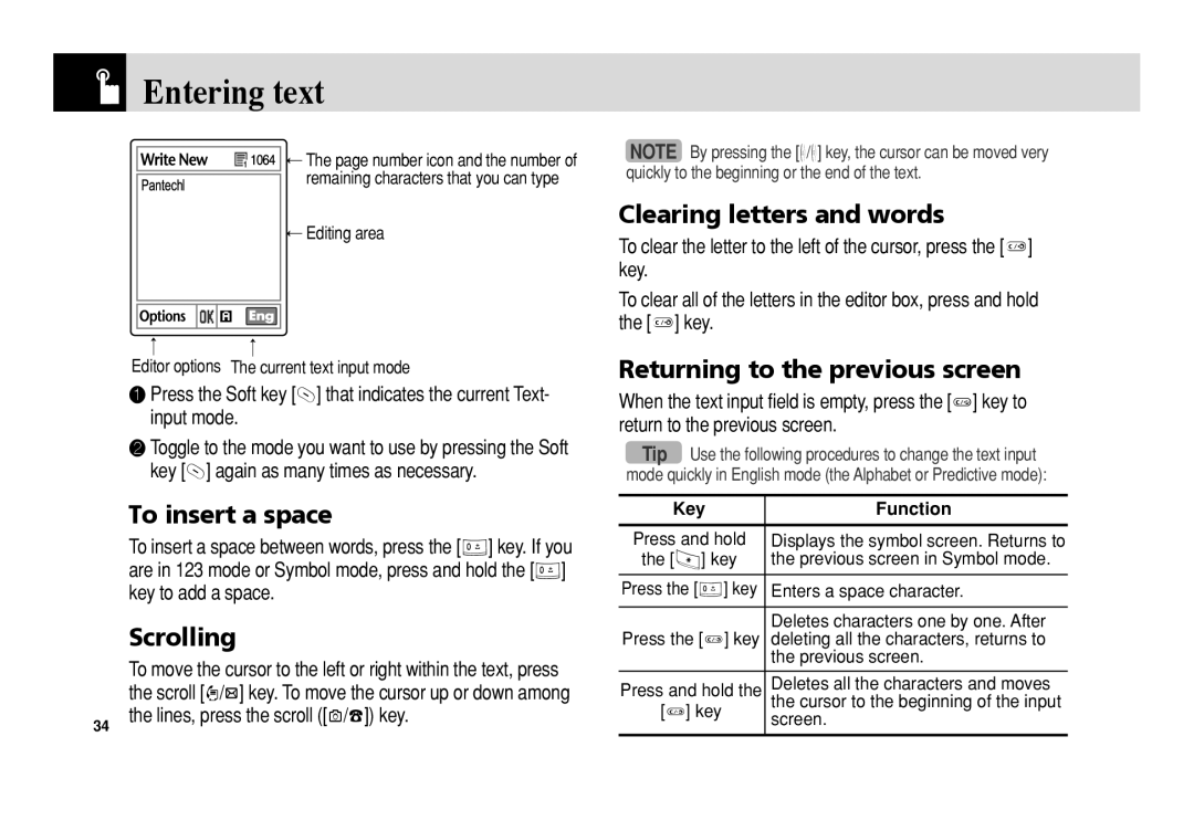 Pantech 5U010344000REV00 manual Entering text, To insert a space, Scrolling, Clearing letters and words 