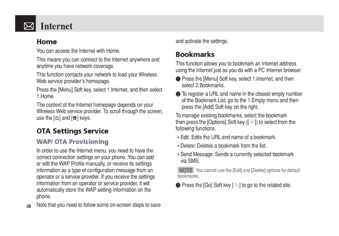 Pantech 5U010344000REV00 manual Internet, Home, OTA Settings Service, Bookmarks, WAP/ OTA Provisioning 