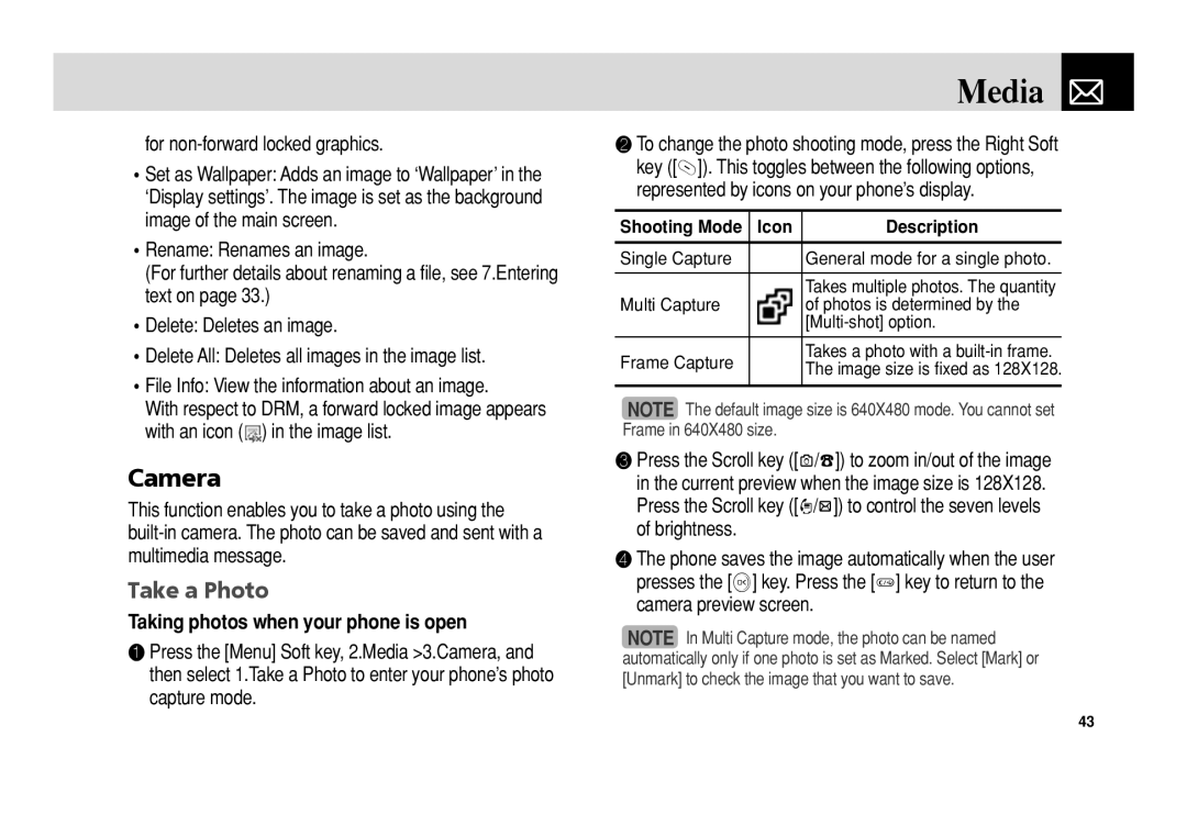 Pantech 5U010344000REV00 Camera, Take a Photo, For non-forward locked graphics, Taking photos when your phone is open 