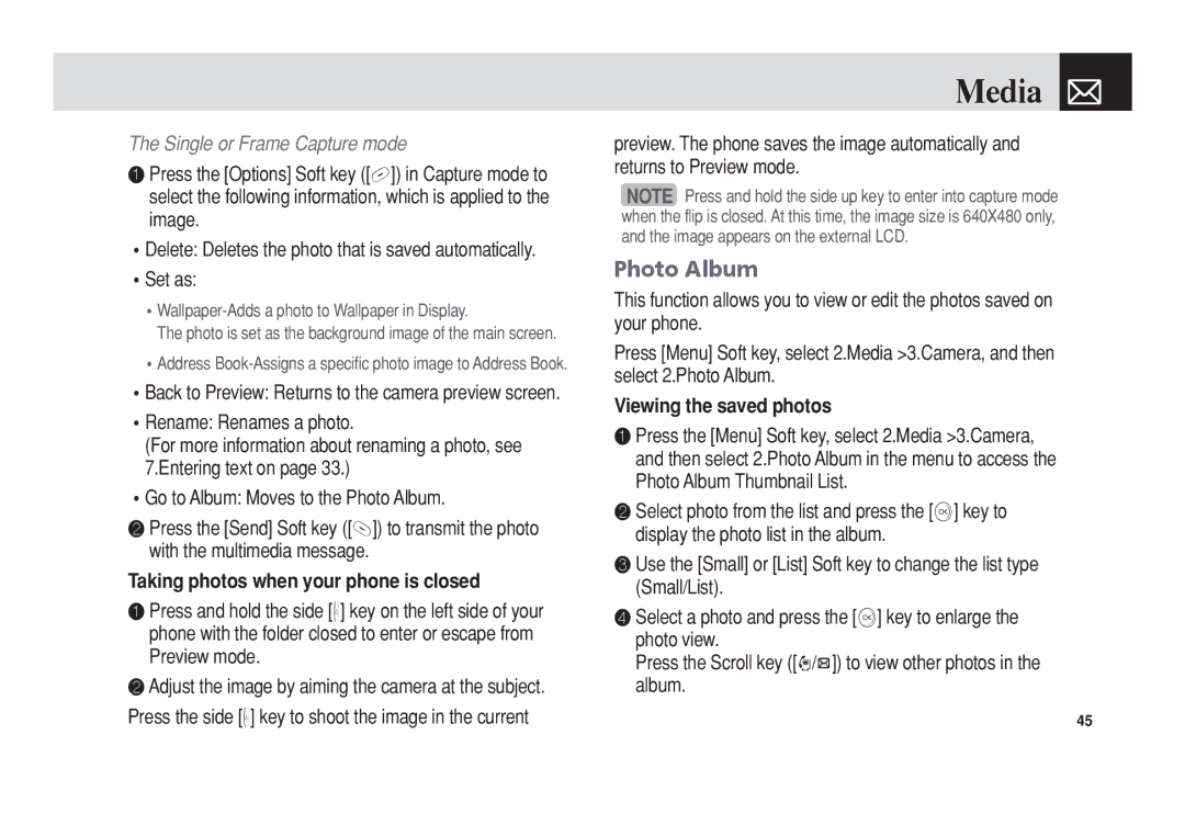 Pantech 5U010344000REV00 manual Photo Album, Taking photos when your phone is closed, Viewing the saved photos 