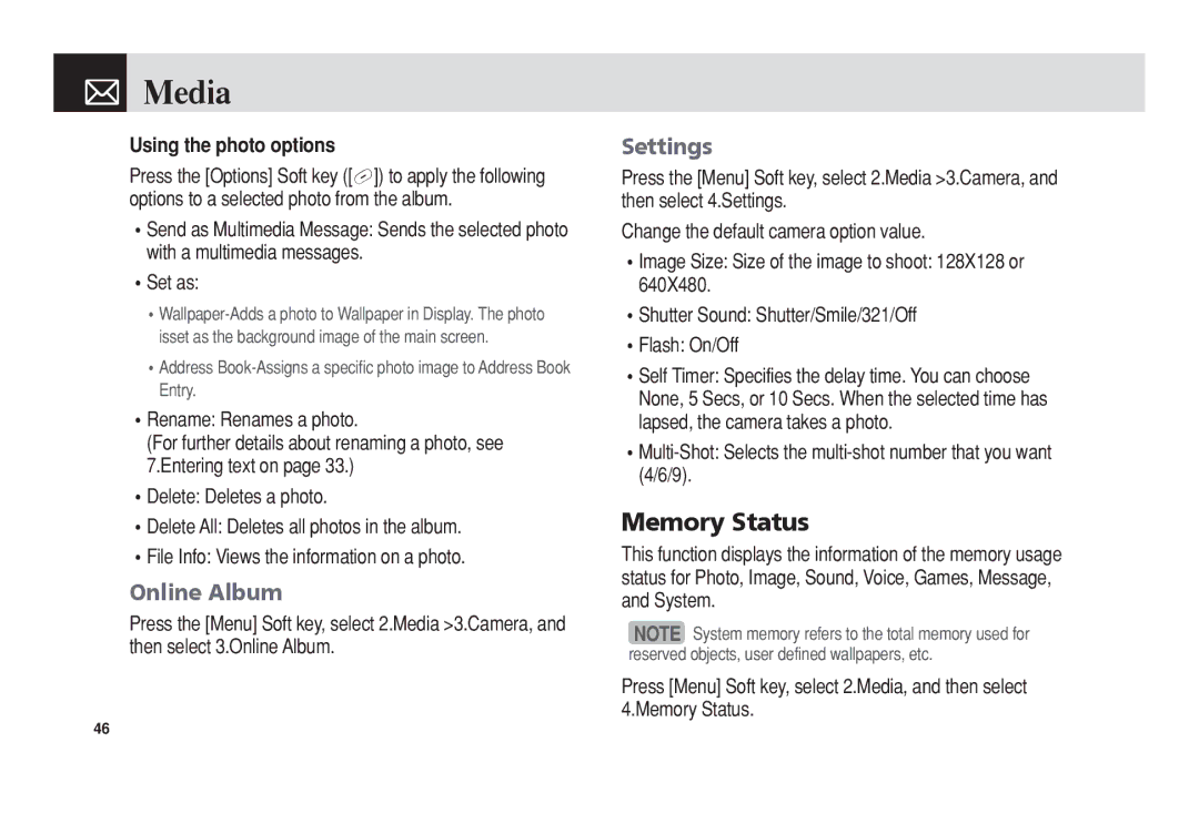 Pantech 5U010344000REV00 manual Memory Status, Online Album, Settings, Using the photo options 