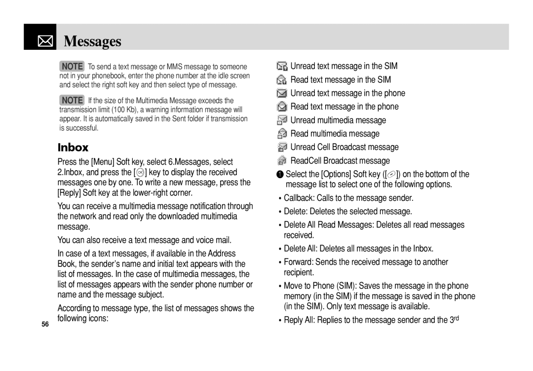 Pantech 5U010344000REV00 manual Inbox, Reply All Replies to the message sender and the 3rd 