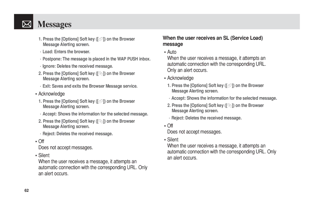 Pantech 5U010344000REV00 manual Acknowledge, When the user receives an SL Service Load message 