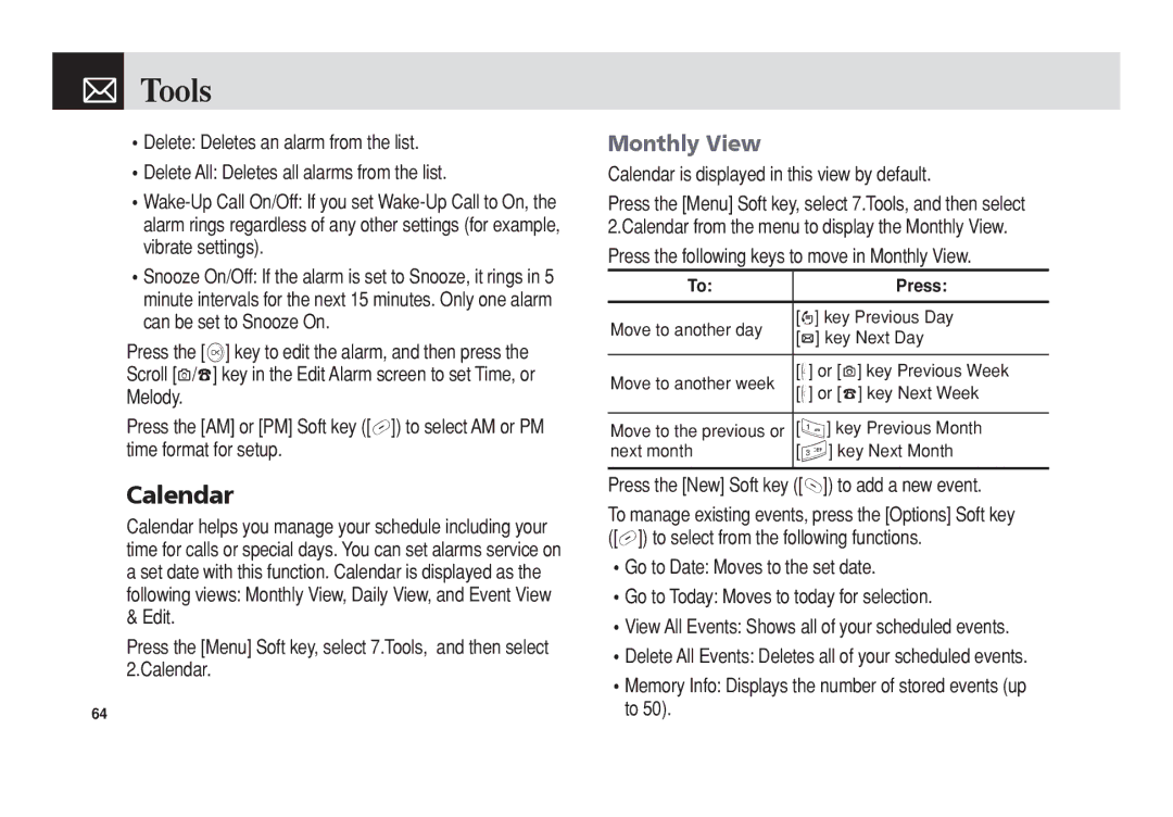 Pantech 5U010344000REV00 manual Tools, Calendar, Monthly View 