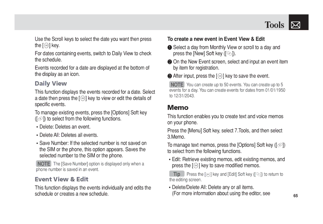 Pantech 5U010344000REV00 manual Memo, Daily View, Event View & Edit, Delete Deletes an event Delete All Deletes all events 