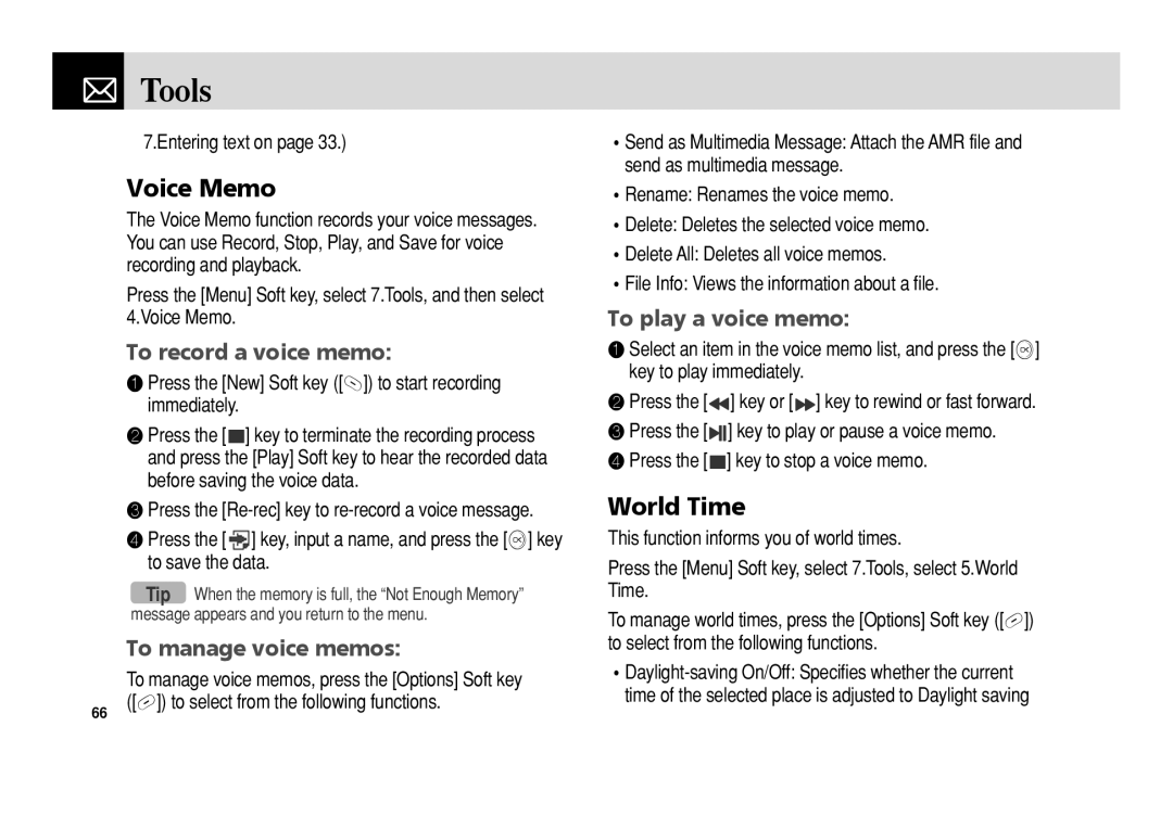 Pantech 5U010344000REV00 manual Voice Memo, World Time, To record a voice memo, To manage voice memos, To play a voice memo 