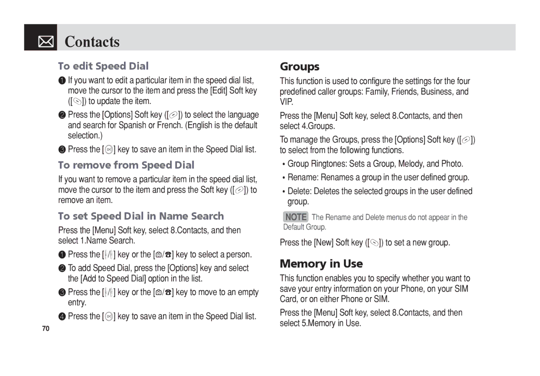 Pantech 5U010344000REV00 manual Groups, Memory in Use, To edit Speed Dial, To remove from Speed Dial 