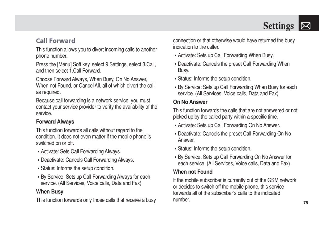 Pantech 5U010344000REV00 manual Call Forward, Forward Always, When Busy, On No Answer, When not Found 