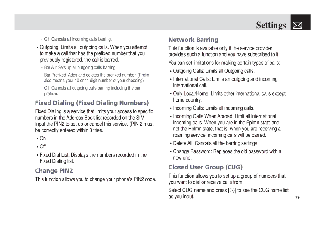 Pantech 5U010344000REV00 manual Fixed Dialing Fixed Dialing Numbers, Change PIN2, Network Barring, Closed User Group CUG 