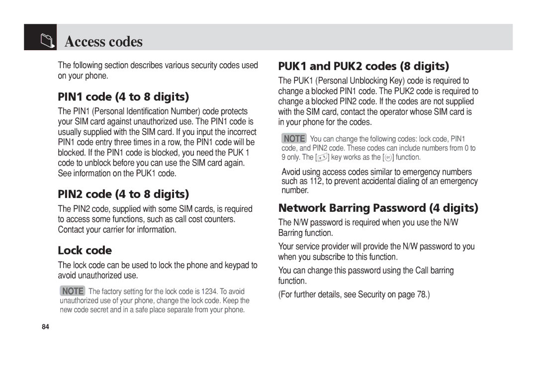 Pantech 5U010344000REV00 manual Access codes 