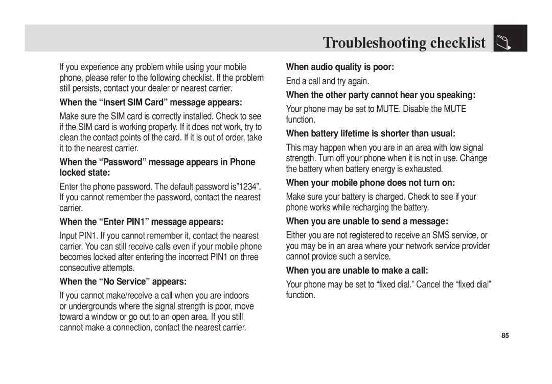 Pantech 5U010344000REV00 manual Troubleshooting checklist 