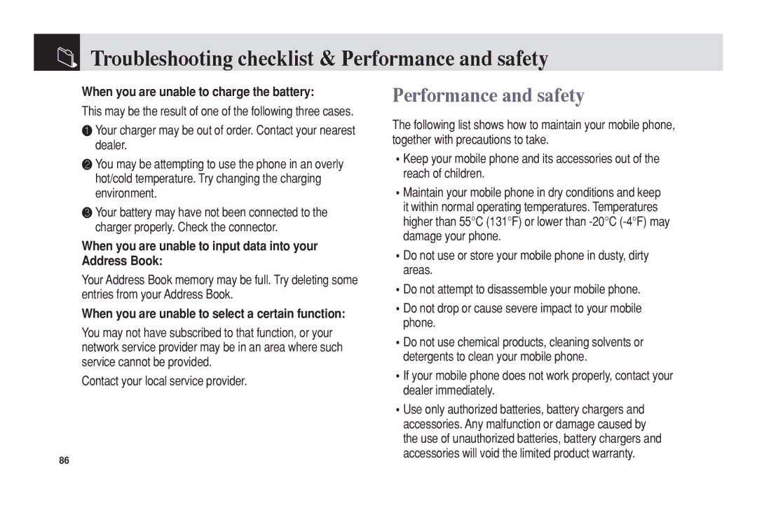 Pantech 5U010344000REV00 Troubleshooting checklist & Performance and safety, When you are unable to charge the battery 