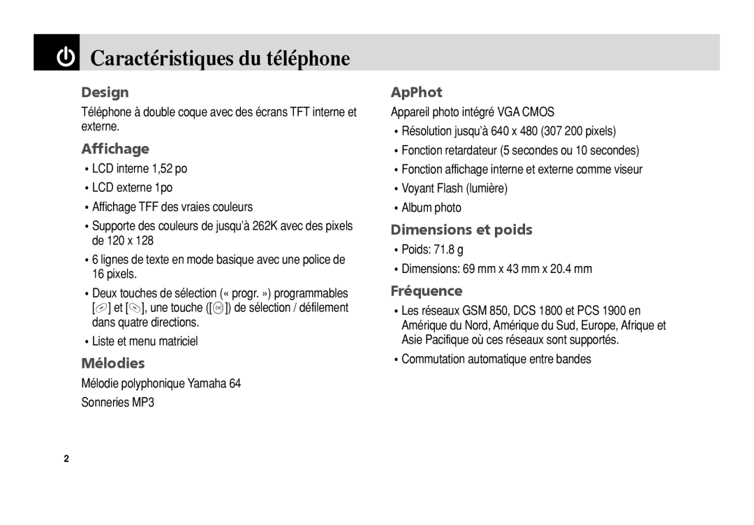 Pantech 5U010344000REV00 manual Caractéristiques du téléphone 