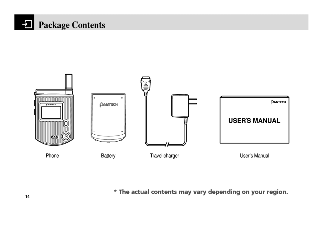 Pantech 5U010344000REV00 manual Package Contents, The actual contents may vary depending on your region 