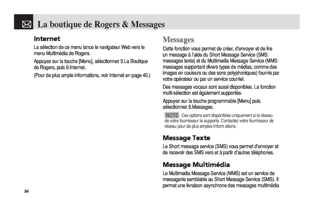 Pantech 5U010344000REV00 manual La boutique de Rogers & Messages, Message Texte, Message Multimédia, Internet 