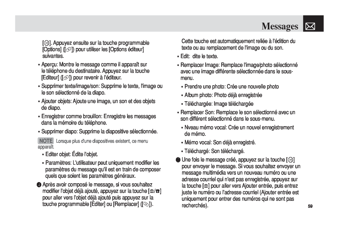 Pantech 5U010344000REV00 manual Messages, Supprimer diapo Supprime la diapositive sélectionnée 