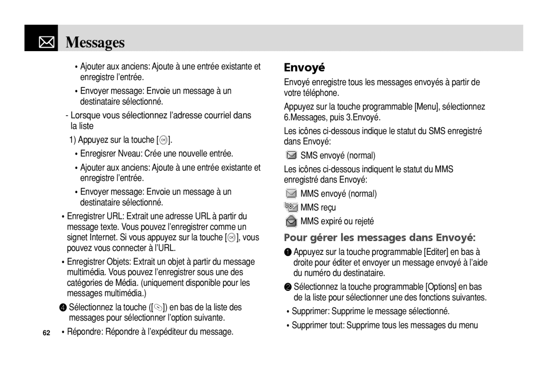 Pantech 5U010344000REV00 manual Pour gérer les messages dans Envoyé, Messages 