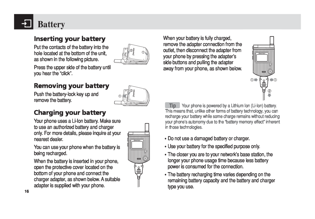 Pantech 5U010344000REV00 manual Battery, Inserting your battery, Removing your battery, Charging your battery 
