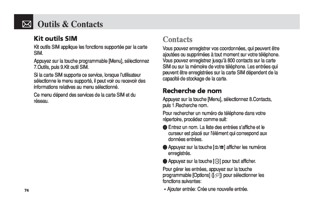 Pantech 5U010344000REV00 manual Outils & Contacts, Kit outils SIM, Recherche de nom 