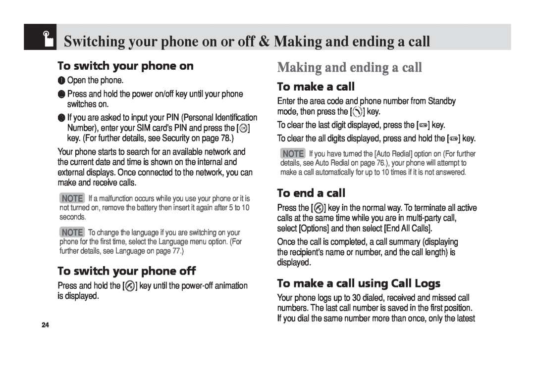 Pantech 5U010344000REV00 Switching your phone on or off & Making and ending a call, To switch your phone on, To end a call 
