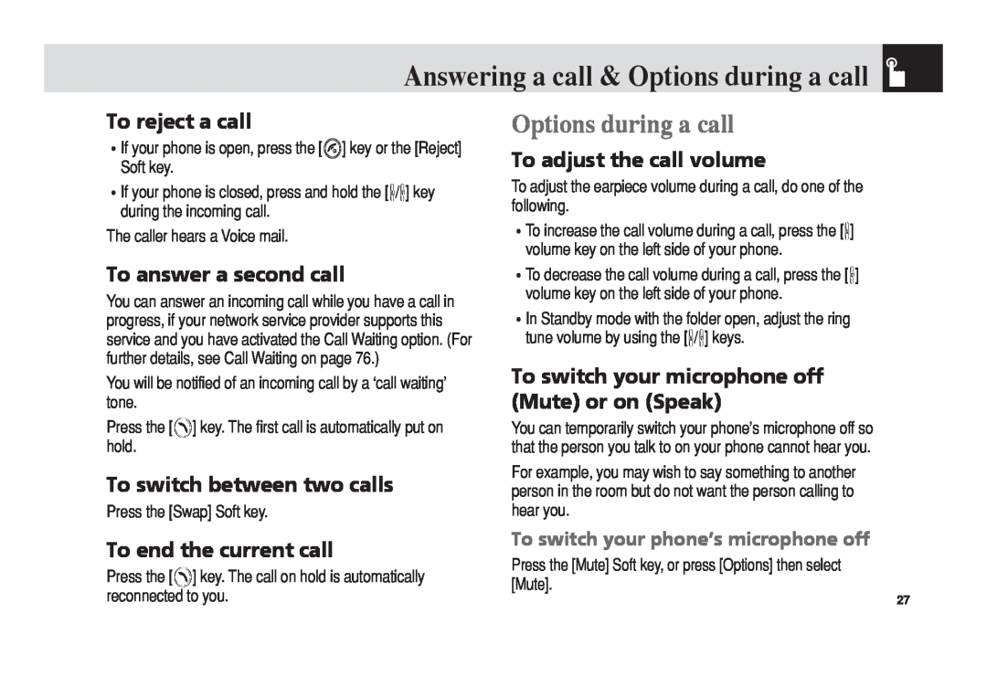 Pantech 5U010344000REV00 manual Answering a call & Options during a call, To reject a call, To answer a second call 