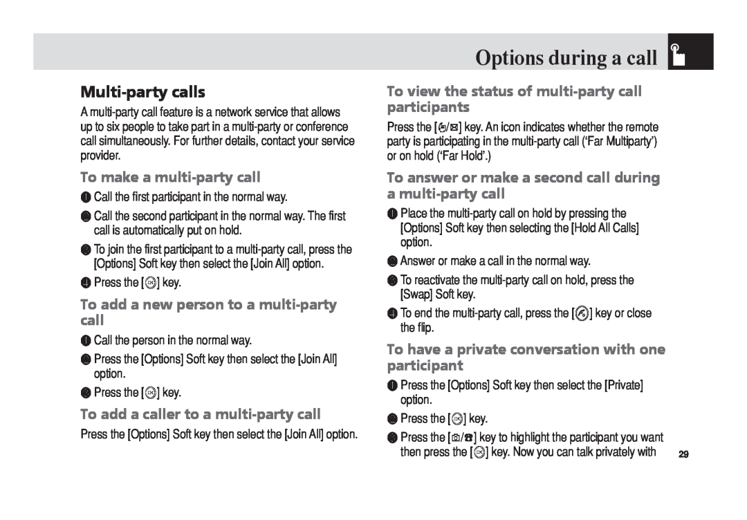 Pantech 5U010344000REV00 manual Multi‐party calls, To make a multi‐party call, To add a new person to a multi‐party call 