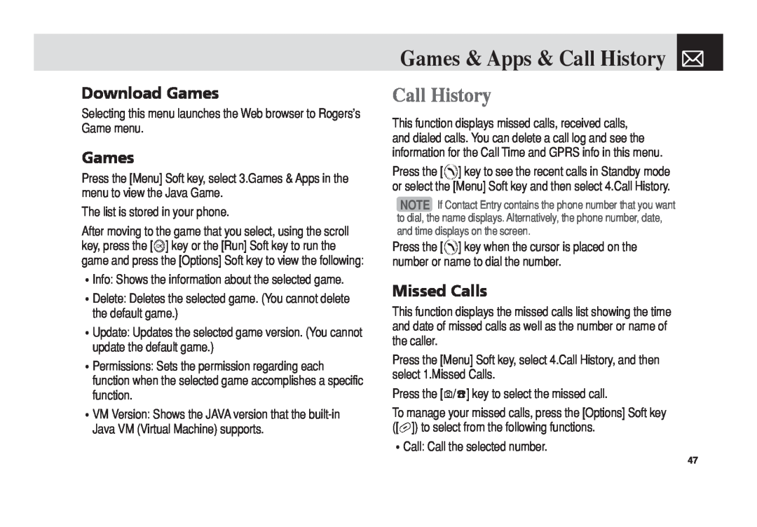 Pantech 5U010344000REV00 manual Games & Apps & Call History, Download Games, Missed Calls 