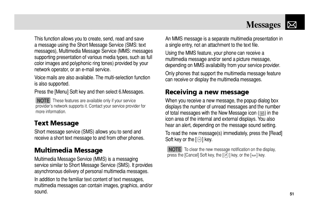 Pantech 5U010344000REV00 manual Messages, Text Message, Multimedia Message, Receiving a new message 