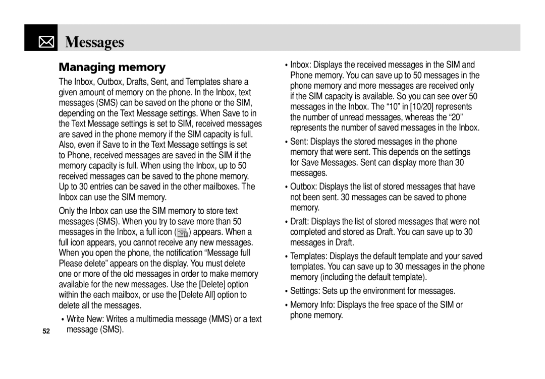 Pantech 5U010344000REV00 manual Managing memory, Messages, message SMS, Settings Sets up the environment for messages 