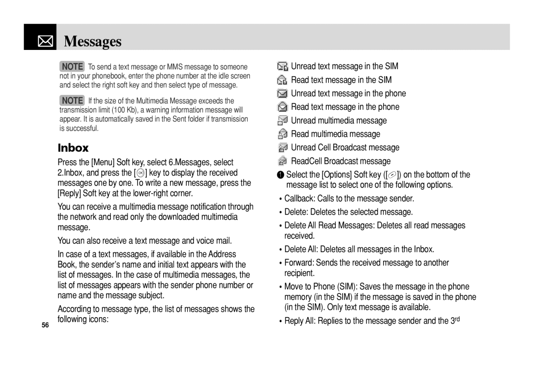 Pantech 5U010344000REV00 manual Inbox, Messages 