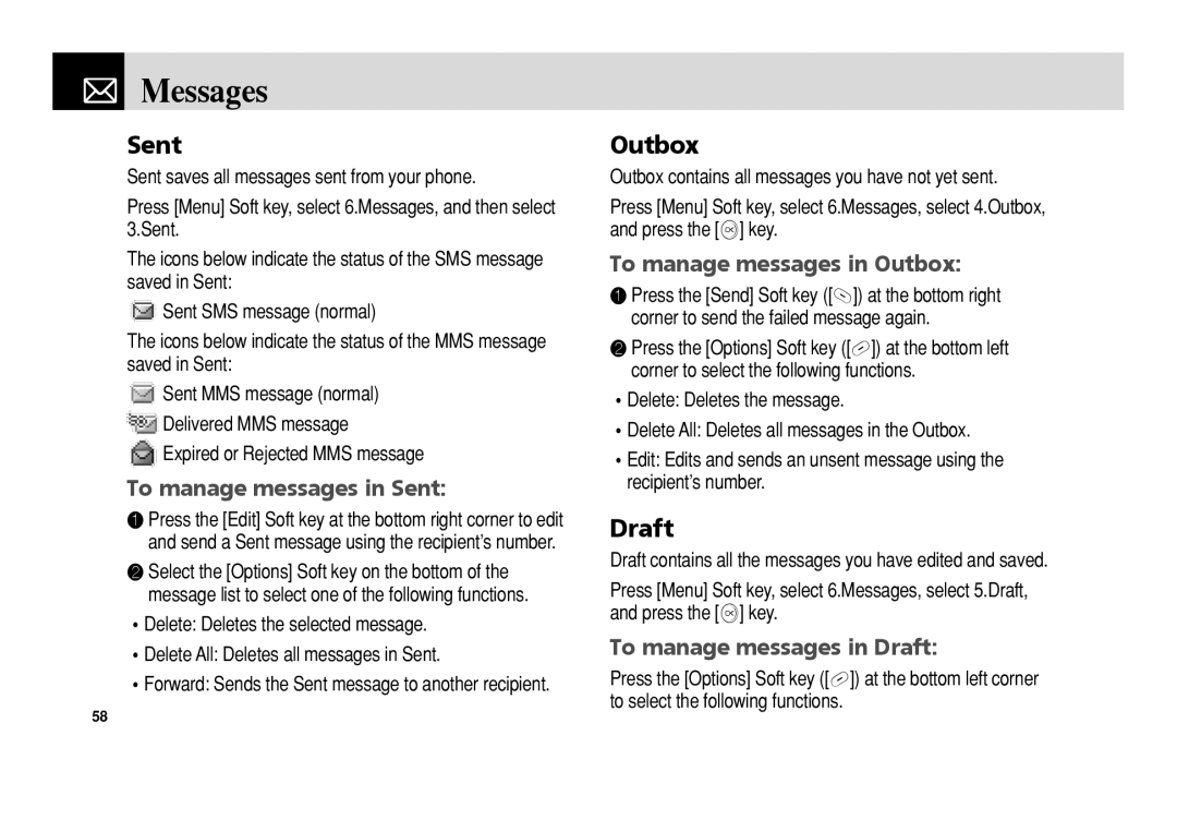 Pantech 5U010344000REV00 manual Draft, To manage messages in Sent, To manage messages in Outbox, Messages 