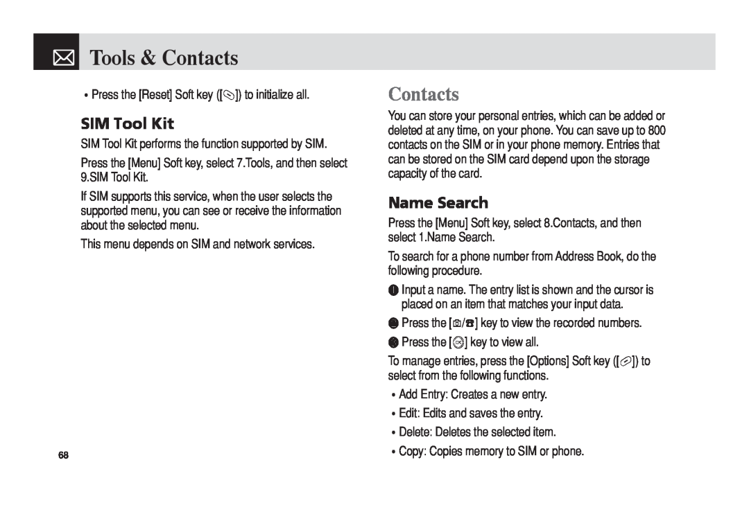 Pantech 5U010344000REV00 manual Tools & Contacts, SIM Tool Kit, Name Search 