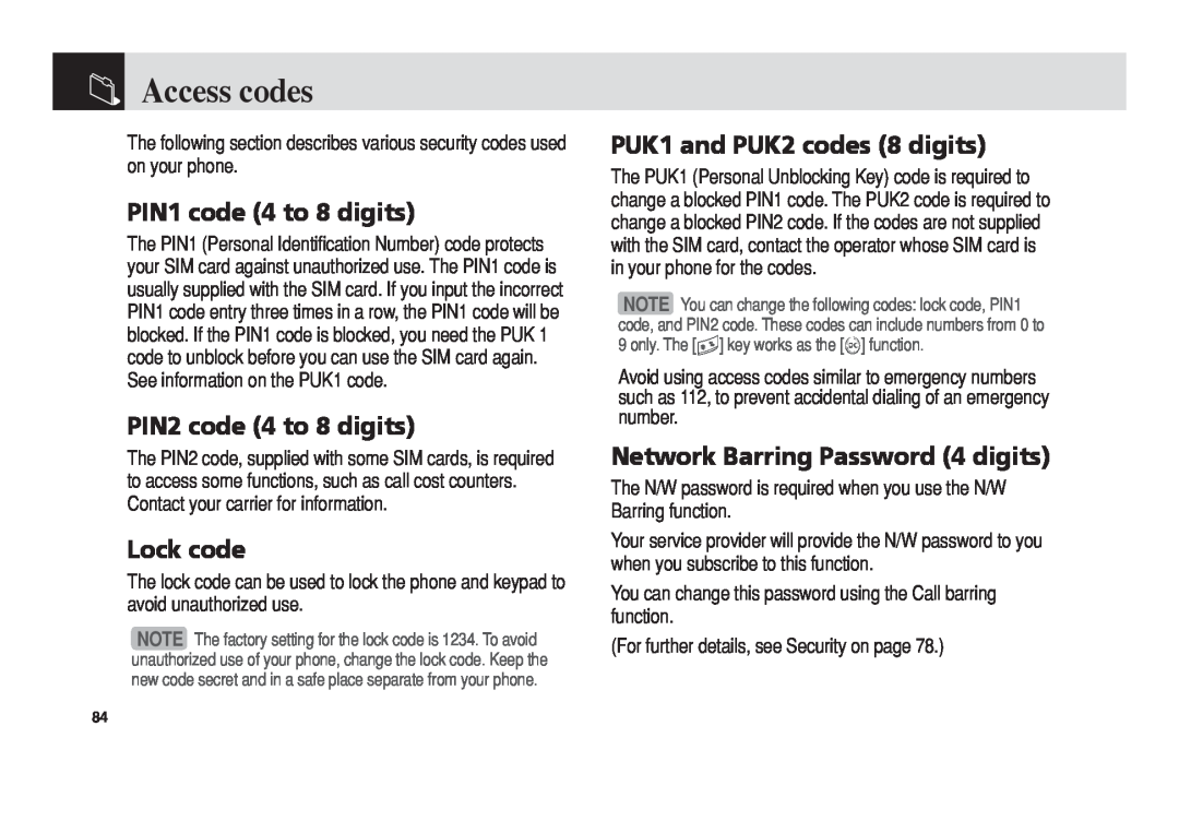 Pantech 5U010344000REV00 manual Access codes, PIN1 code 4 to 8 digits, PIN2 code 4 to 8 digits, Lock code 