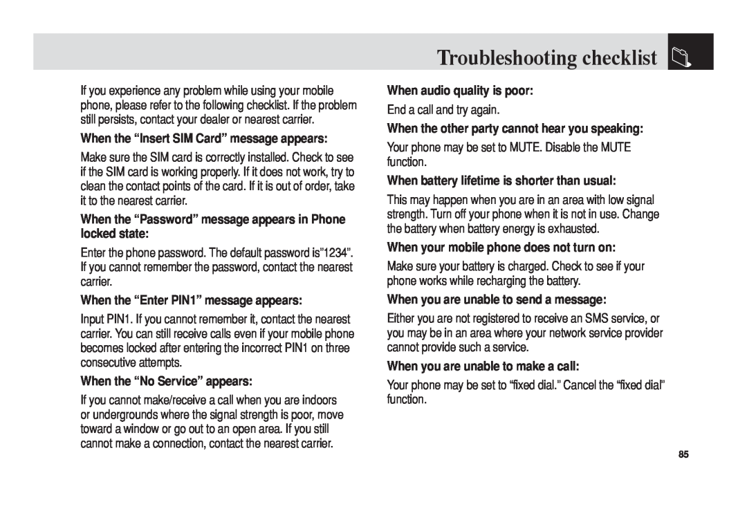 Pantech 5U010344000REV00 manual Troubleshooting checklist, When the “Password” message appears in Phone locked state 