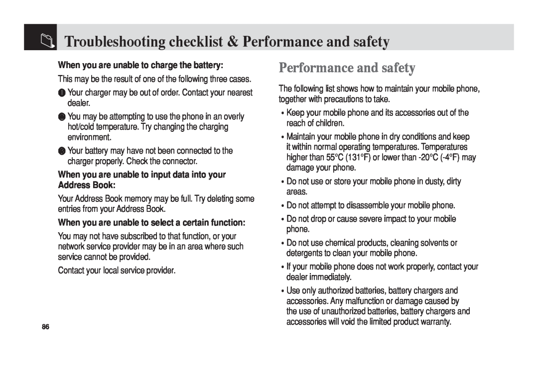 Pantech 5U010344000REV00 Troubleshooting checklist & Performance and safety, When you are unable to charge the battery 