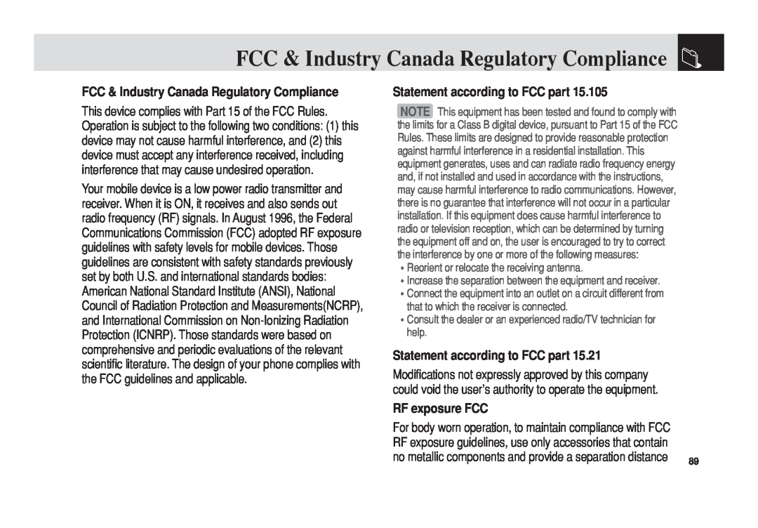 Pantech 5U010344000REV00 FCC & Industry Canada Regulatory Compliance, Statement according to FCC part, RF exposure FCC 